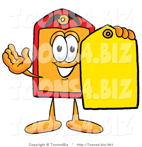 Illustration of a Cartoon Price Tag Mascot Holding a Yellow Sales Price Tag