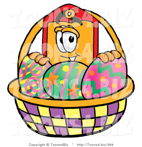 Illustration of a Cartoon Price Tag Mascot in an Easter Basket Full of Decorated Easter Eggs