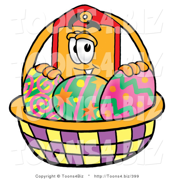 Illustration of a Cartoon Price Tag Mascot in an Easter Basket Full of