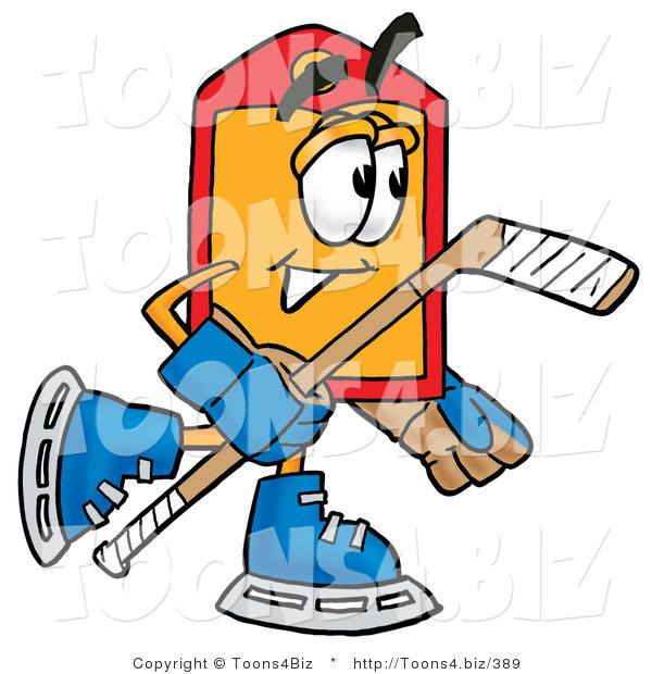 Illustration of a Cartoon Price Tag Mascot Playing Ice Hockey