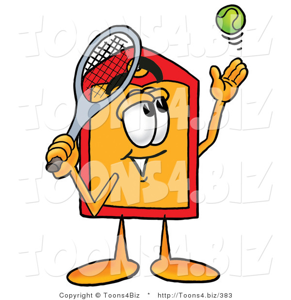 Illustration of a Cartoon Price Tag Mascot Preparing to Hit a Tennis Ball