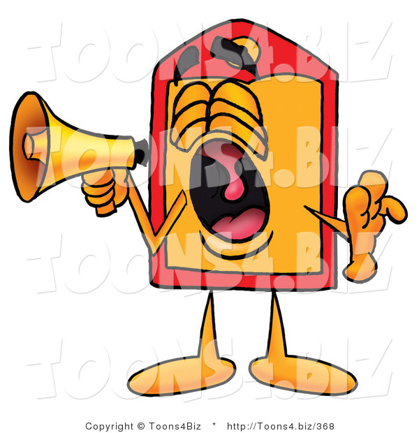 Illustration of a Cartoon Price Tag Mascot Screaming into a Megaphone
