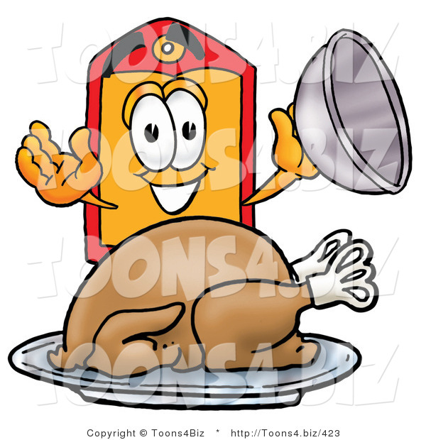 Illustration of a Cartoon Price Tag Mascot Serving a Thanksgiving Turkey on a Platter