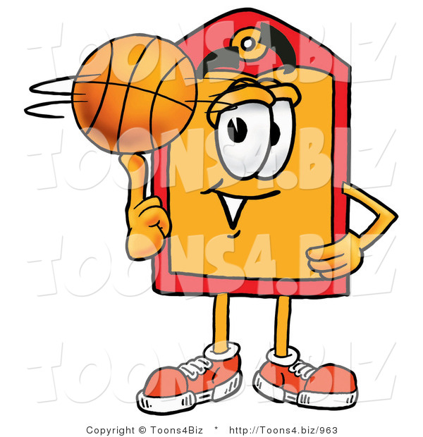 Illustration of a Cartoon Price Tag Mascot Spinning a Basketball on His Finger