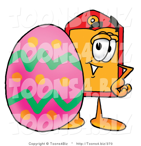 Illustration of a Cartoon Price Tag Mascot Standing Beside an Easter Egg