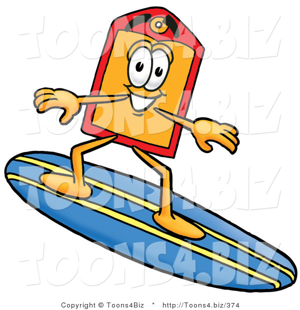 Illustration of a Cartoon Price Tag Mascot Surfing on a Blue and Yellow Surfboard
