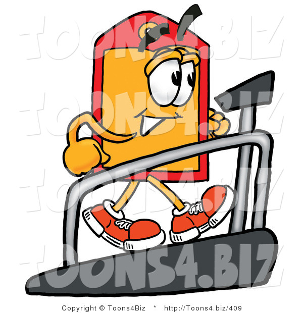 Illustration of a Cartoon Price Tag Mascot Walking on a Treadmill in a Fitness Gym