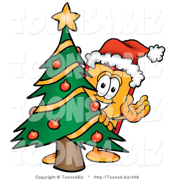 Illustration of a Cartoon Price Tag Mascot Waving and Standing by a Decorated Christmas Tree