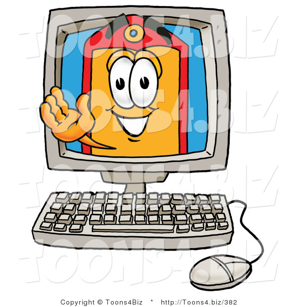 Illustration of a Cartoon Price Tag Mascot Waving from Inside a Computer Screen