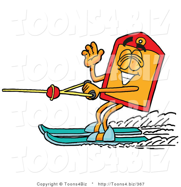 Illustration of a Cartoon Price Tag Mascot Waving While Water Skiing