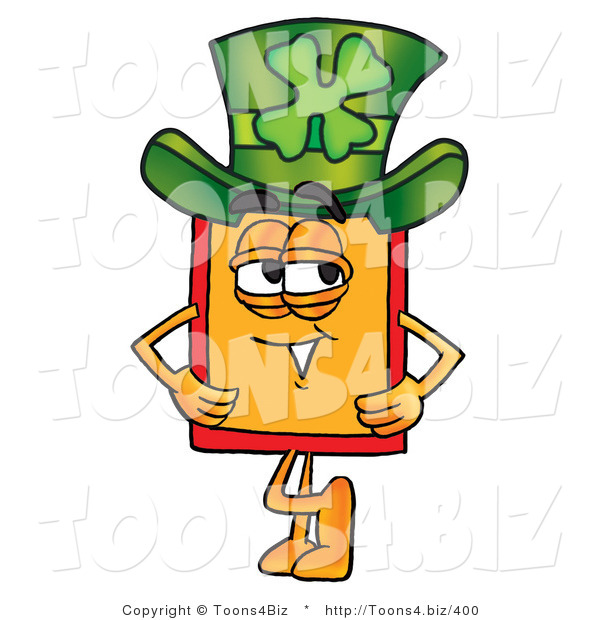 Illustration of a Cartoon Price Tag Mascot Wearing a Saint Patricks Day Hat with a Clover on It