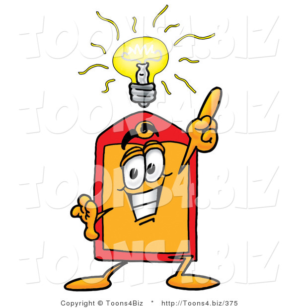 Illustration of a Cartoon Price Tag Mascot with a Bright Idea
