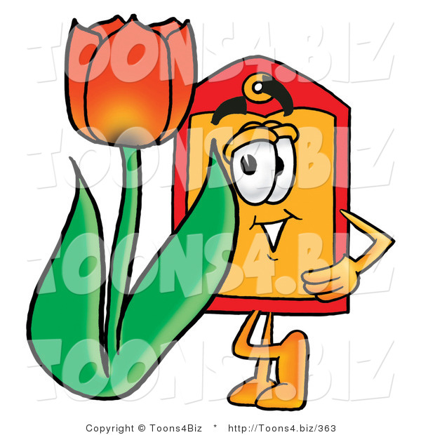 Illustration of a Cartoon Price Tag Mascot with a Red Tulip Flower in the Spring