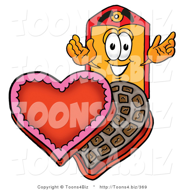 Illustration of a Cartoon Price Tag Mascot with an Open Box of Valentines Day Chocolate Candies