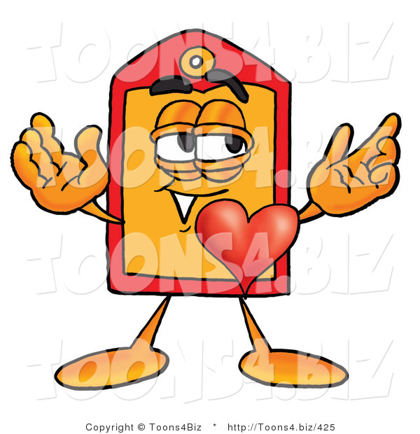 Illustration of a Cartoon Price Tag Mascot with His Heart Beating out of His Chest