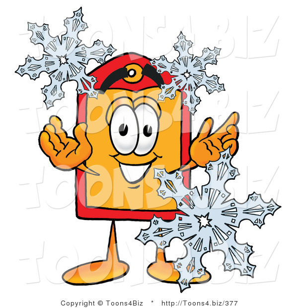 Illustration of a Cartoon Price Tag Mascot with Three Snowflakes in Winter