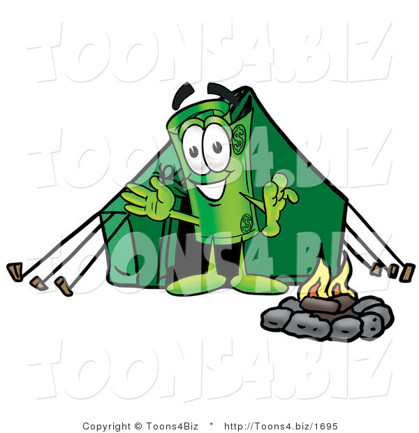 Illustration of a Cartoon Rolled Money Mascot Camping with a Tent and Fire