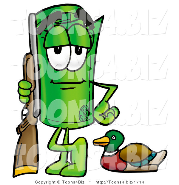 Illustration of a Cartoon Rolled Money Mascot Duck Hunting, Standing with a Rifle and Duck