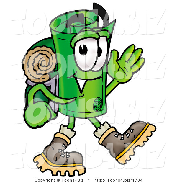 Illustration of a Cartoon Rolled Money Mascot Hiking and Carrying a Backpack