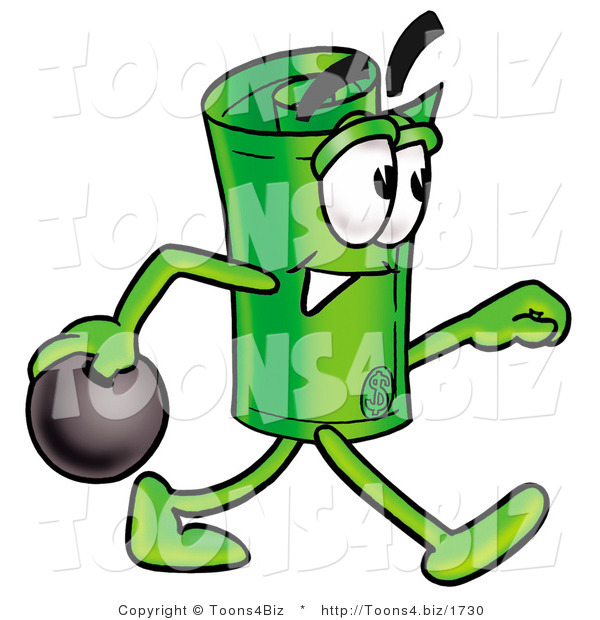 Illustration of a Cartoon Rolled Money Mascot Holding a Bowling Ball