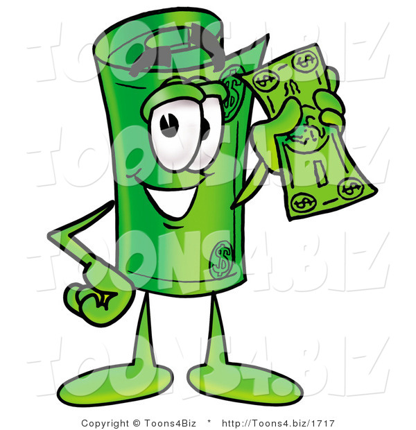 Illustration of a Cartoon Rolled Money Mascot Holding a Dollar Bill