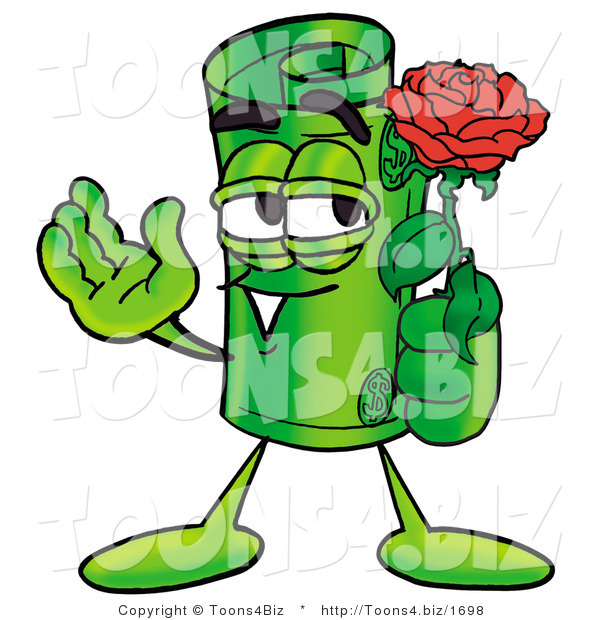 Illustration of a Cartoon Rolled Money Mascot Holding a Red Rose on Valentines Day