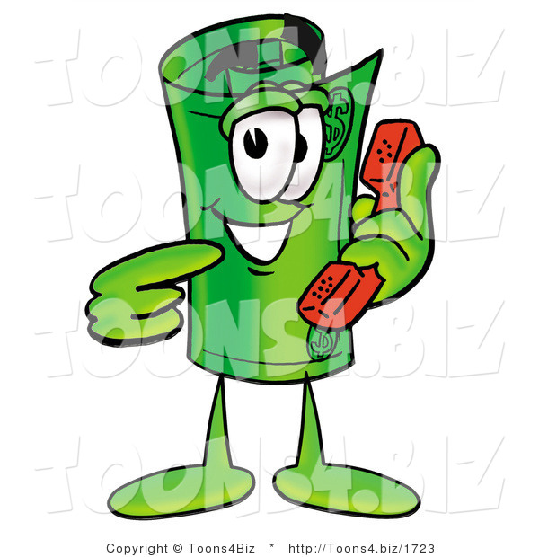 Illustration of a Cartoon Rolled Money Mascot Holding a Telephone