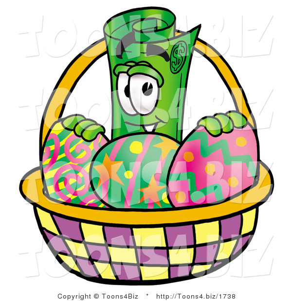 Illustration of a Cartoon Rolled Money Mascot in an Easter Basket Full of Decorated Easter Eggs