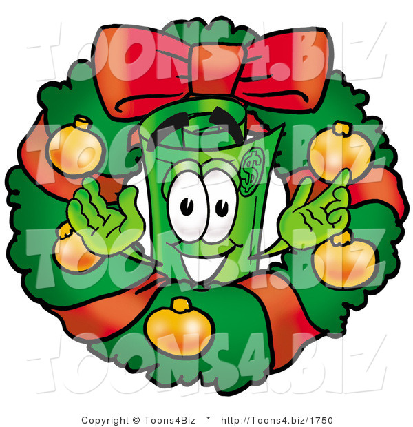 Illustration of a Cartoon Rolled Money Mascot in the Center of a Christmas Wreath