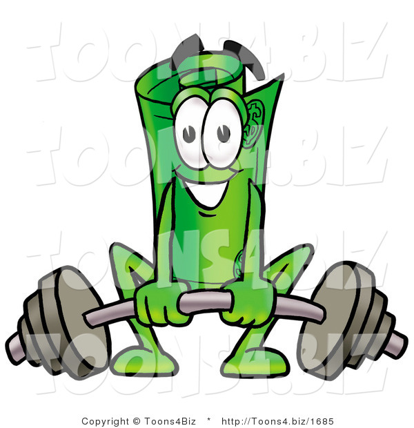 Illustration of a Cartoon Rolled Money Mascot Lifting a Heavy Barbell