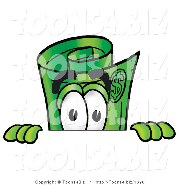 Illustration of a Cartoon Rolled Money Mascot Peeking over a Surface