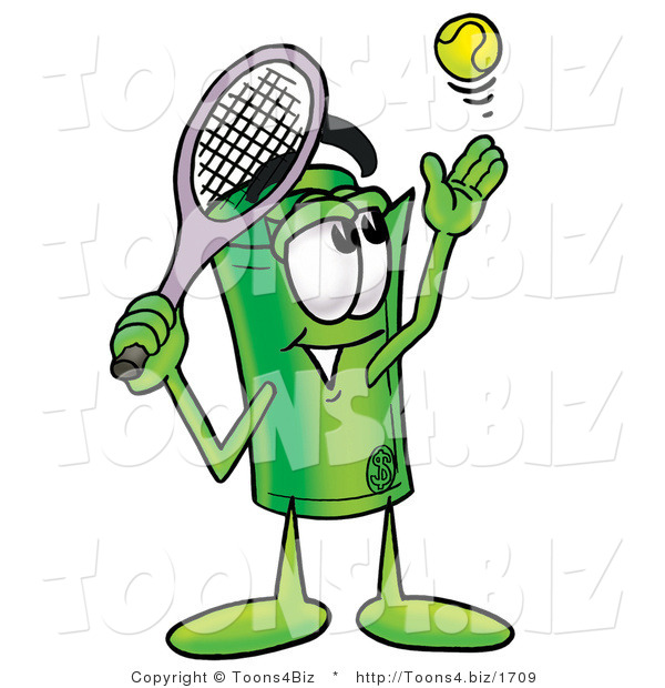 Illustration of a Cartoon Rolled Money Mascot Preparing to Hit a Tennis Ball