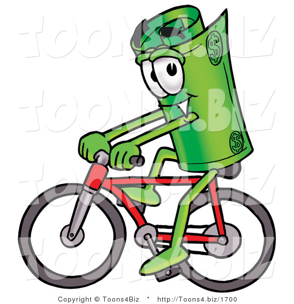 Illustration of a Cartoon Rolled Money Mascot Riding a Bicycle