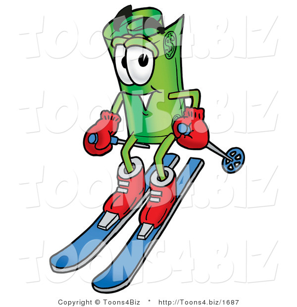 Illustration of a Cartoon Rolled Money Mascot Skiing Downhill