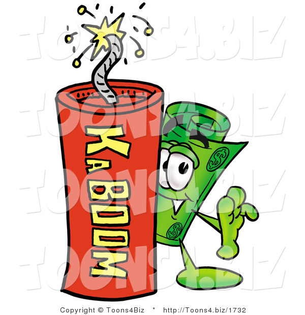 Illustration of a Cartoon Rolled Money Mascot Standing with a Lit Stick of Dynamite