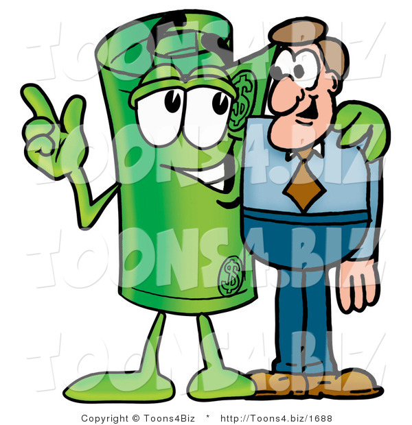 Illustration of a Cartoon Rolled Money Mascot Talking to a Business Man