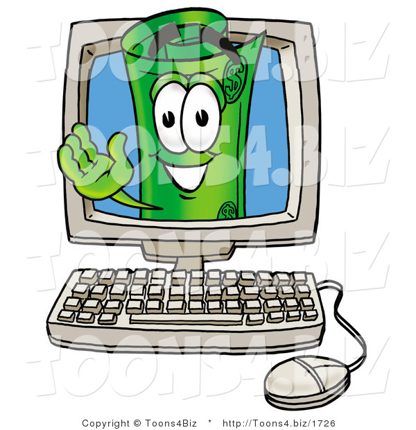 Illustration of a Cartoon Rolled Money Mascot Waving from Inside a Computer Screen