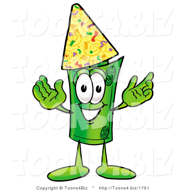 Illustration of a Cartoon Rolled Money Mascot Wearing a Birthday Party Hat