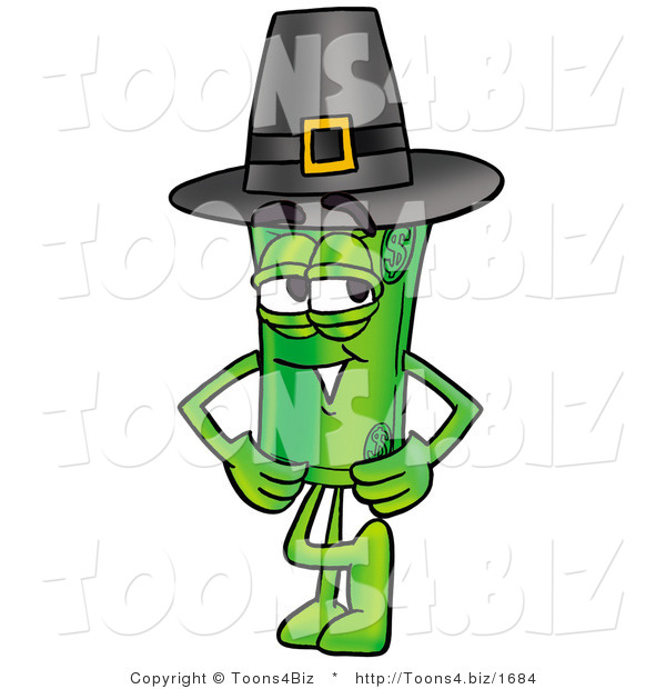 Illustration of a Cartoon Rolled Money Mascot Wearing a Pilgrim Hat on Thanksgiving