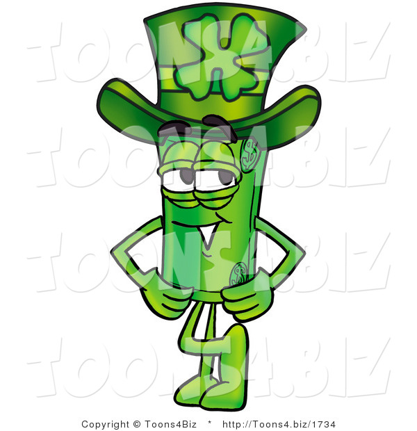 Illustration of a Cartoon Rolled Money Mascot Wearing a Saint Patricks Day Hat with a Clover on It