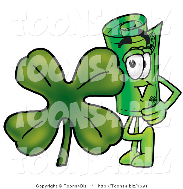 Illustration of a Cartoon Rolled Money Mascot with a Green Four Leaf Clover on St Paddy's or St Patricks Day