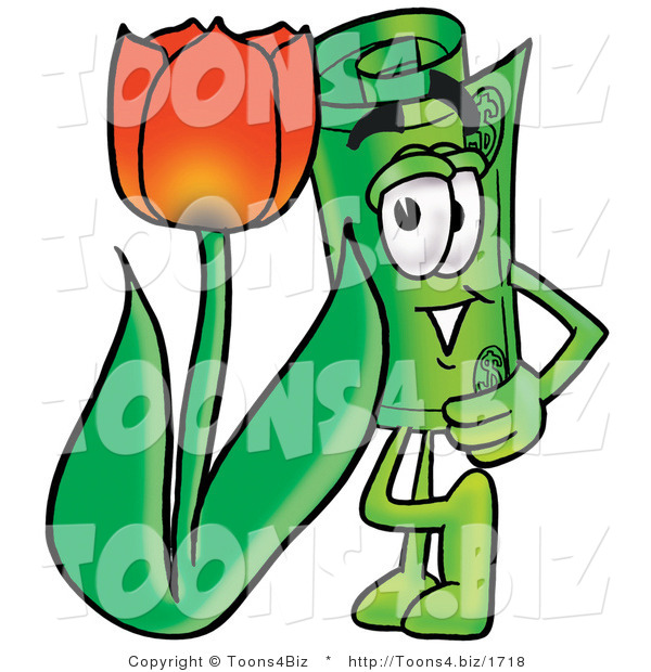 Illustration of a Cartoon Rolled Money Mascot with a Red Tulip Flower in the Spring