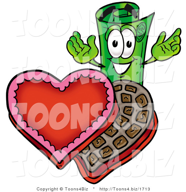 Illustration of a Cartoon Rolled Money Mascot with an Open Box of Valentines Day Chocolate Candies