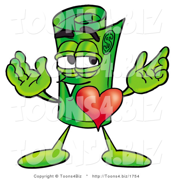 Illustration of a Cartoon Rolled Money Mascot with His Heart Beating out of His Chest