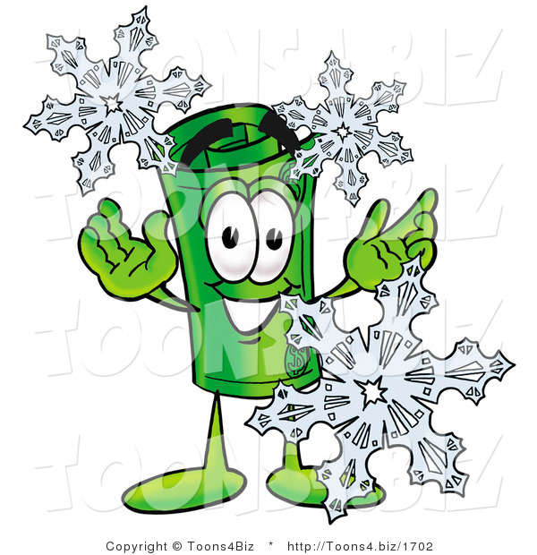 Illustration of a Cartoon Rolled Money Mascot with Three Snowflakes in Winter