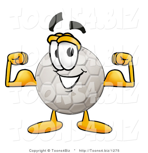 Illustration of a Cartoon Soccer Ball Mascot Flexing His Arm Muscles