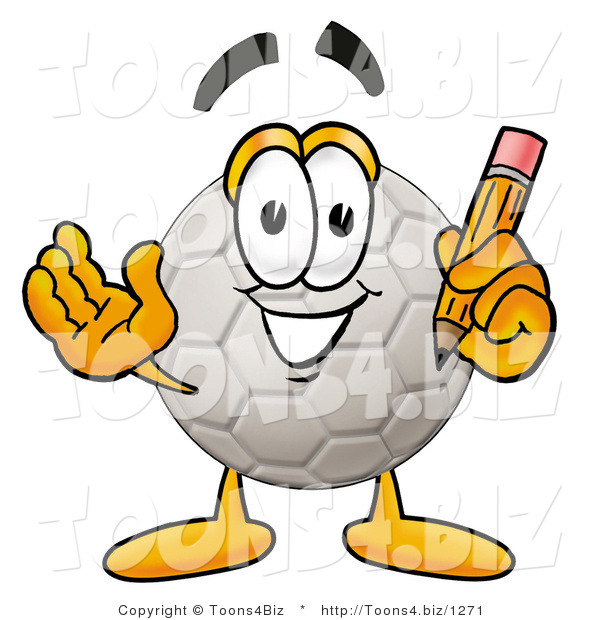 Illustration of a Cartoon Soccer Ball Mascot Holding a Pencil