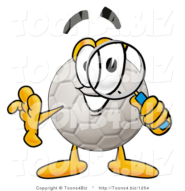 Illustration of a Cartoon Soccer Ball Mascot Looking Through a Magnifying Glass