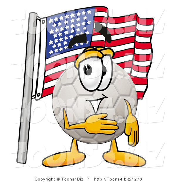 Illustration of a Cartoon Soccer Ball Mascot Pledging Allegiance to an American Flag