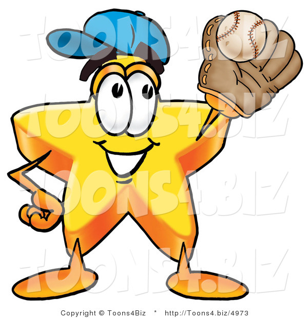 Illustration of a Cartoon Star Mascot Catching a Baseball with a Glove